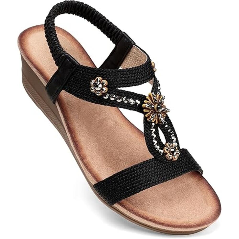 Women’s Size 10.5 Black Wedge Sandals Rhinestone Boho Elastic Strap Comfort